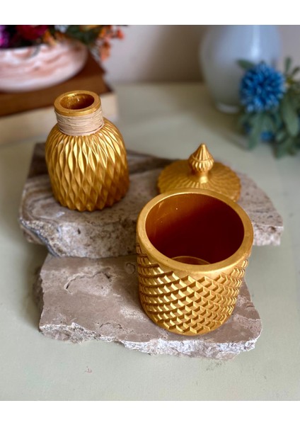 Dekoratif Altın Renk Taş Biblo Vazo ve Çok Amaçlı Tasarım Kapaklı Taş Kutu – Şık Hediye Paketi fırsatları