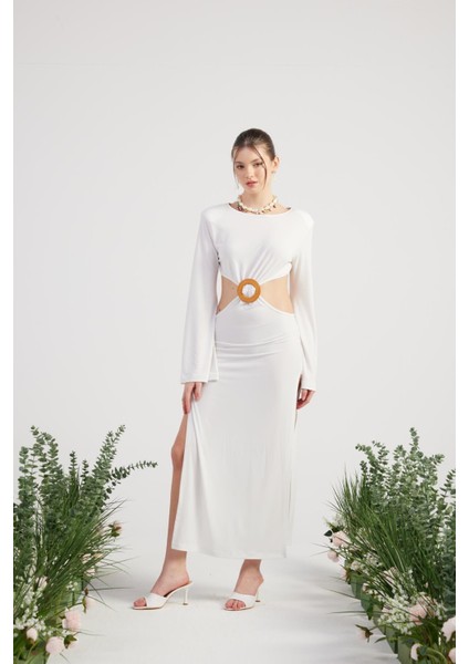 Esnek Kumaş Sırt Dekolteli Uzun Cameron Elbise Beyaz