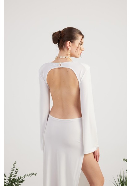 Esnek Kumaş Sırt Dekolteli Uzun Cameron Elbise Beyaz fiyatları