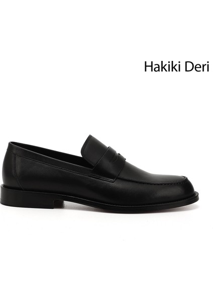 Erkek Siyah Kösele Taban Hakiki Deri Loafer Ayakkabı