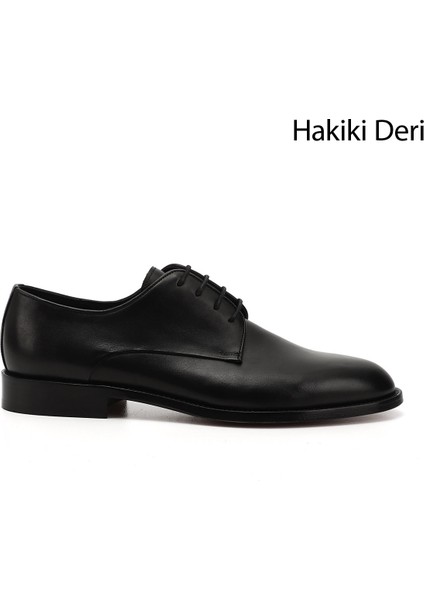 Erkek Siyah Bağcıklı Kösele Taban Hakiki Deri Klasik Ayakkabı