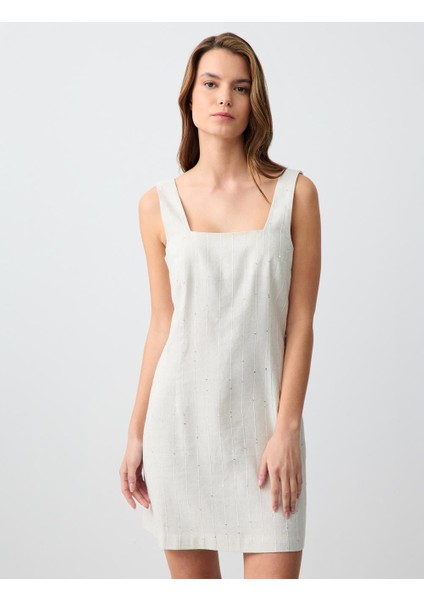 Taş Kare Yaka Kolsuz Dokuma Keten Mini Elbise