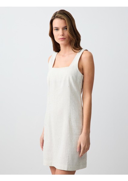 Taş Kare Yaka Kolsuz Dokuma Keten Mini Elbise modelleri