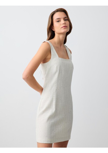 Taş Kare Yaka Kolsuz Dokuma Keten Mini Elbise fırsatları