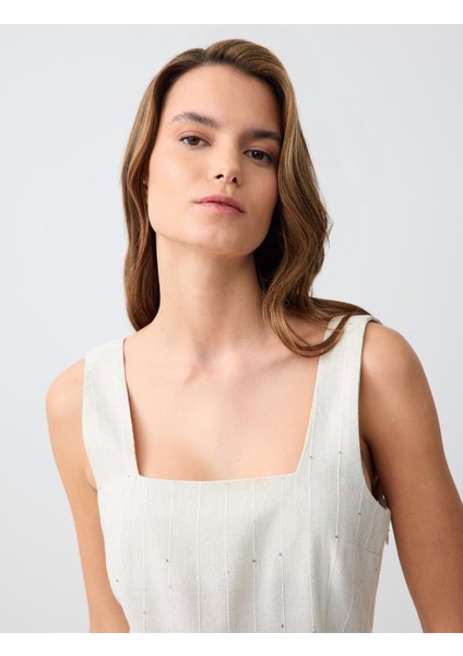 Taş Kare Yaka Kolsuz Dokuma Keten Mini Elbise indirimleri