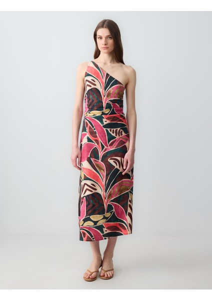 Karışık Dar Kesim Tek Omuz Asimetrik Yaka Keten Midi Elbise