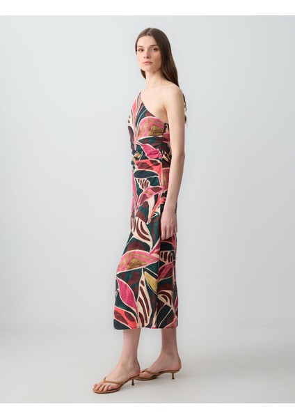 Karışık Dar Kesim Tek Omuz Asimetrik Yaka Keten Midi Elbise fiyatları