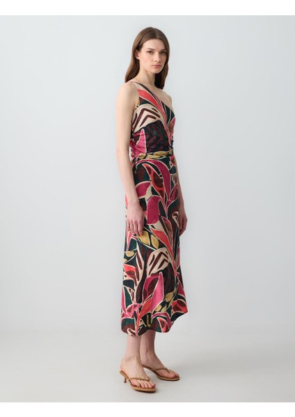 Karışık Dar Kesim Tek Omuz Asimetrik Yaka Keten Midi Elbise modelleri