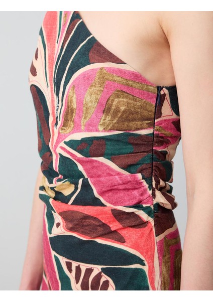 Karışık Dar Kesim Tek Omuz Asimetrik Yaka Keten Midi Elbise fırsatları