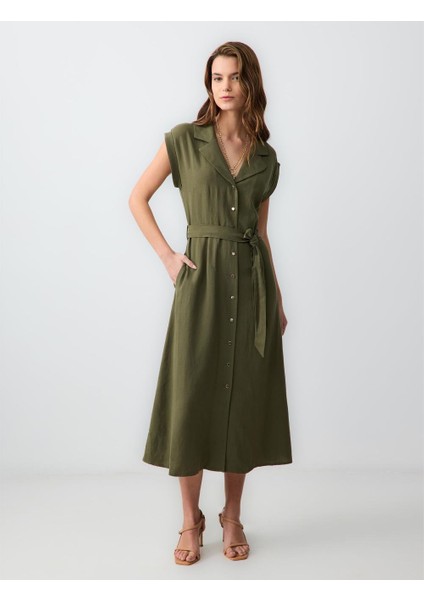 Haki Düz Kesim Kısa Kollu Gömlek Yaka Keten Midi Elbise
