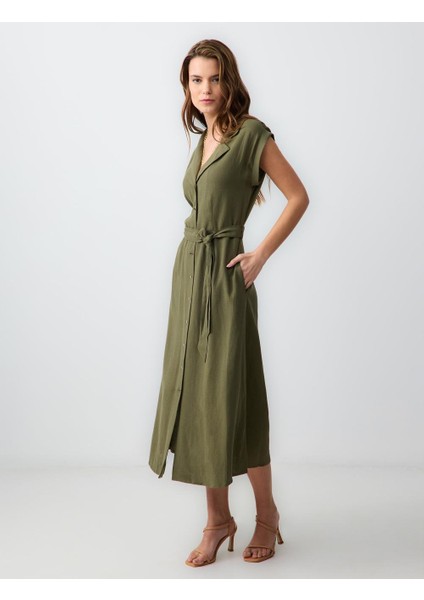 Haki Düz Kesim Kısa Kollu Gömlek Yaka Keten Midi Elbise fiyatları