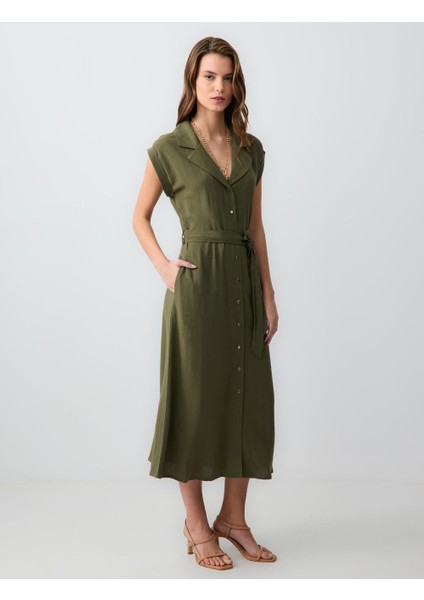Haki Düz Kesim Kısa Kollu Gömlek Yaka Keten Midi Elbise modelleri