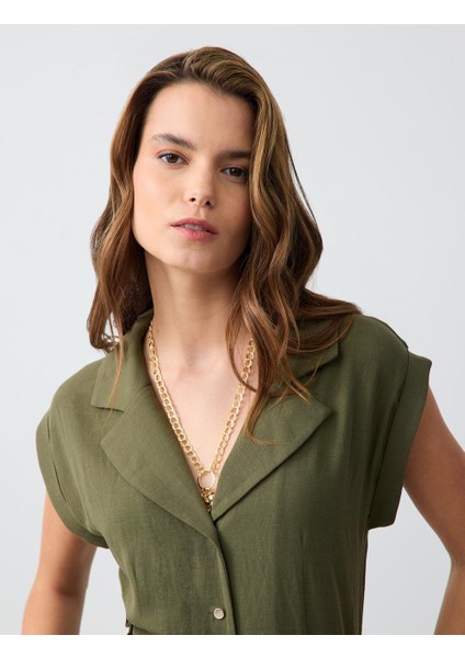 Haki Düz Kesim Kısa Kollu Gömlek Yaka Keten Midi Elbise fırsatları