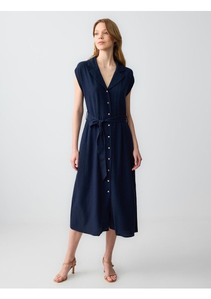 Lacivert Düz Kesim Kısa Kollu Gömlek Yaka Keten Midi Elbise