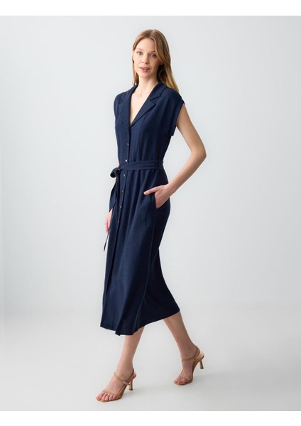 Lacivert Düz Kesim Kısa Kollu Gömlek Yaka Keten Midi Elbise fiyatları