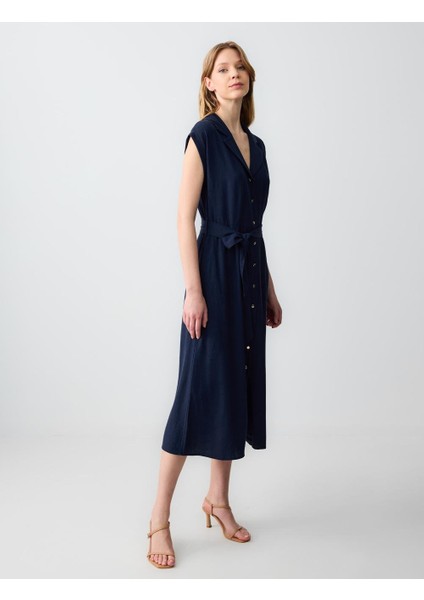 Lacivert Düz Kesim Kısa Kollu Gömlek Yaka Keten Midi Elbise modelleri