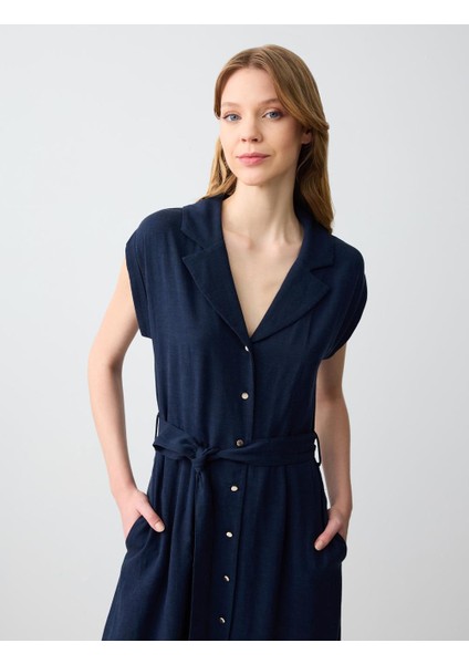 Lacivert Düz Kesim Kısa Kollu Gömlek Yaka Keten Midi Elbise fırsatları