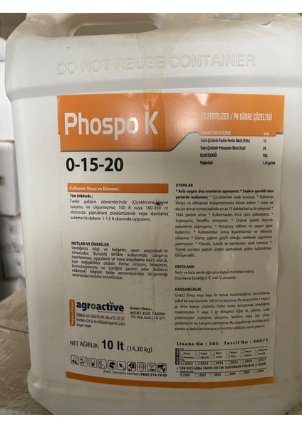 0-15-20 Sıvı Gübre | 10 Lt | Fosfor & Potasyum Takviyesi