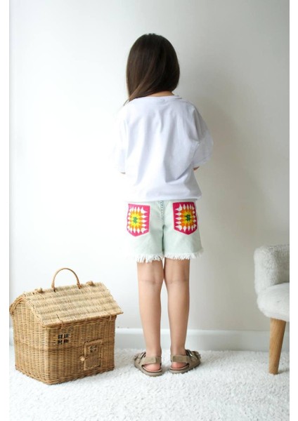 Nakışlı Meyve Basic Kot Şort Püskül Paça Arka Cep Nakış Detay Kız Çocuk Alt Üst Takım fiyatları