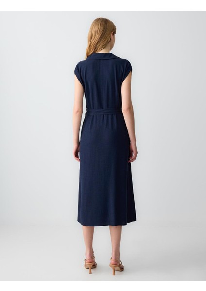 Lacivert Düz Kesim Kısa Kollu Gömlek Yaka Keten Midi Elbise indirimleri