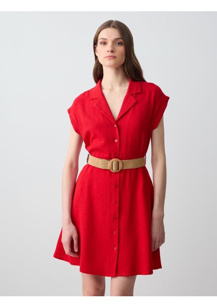 Kırmızı Kısa Kollu Gömlek Yaka Kemer Detaylı Keten Mini Elbise