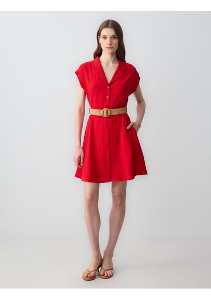 Kırmızı Kısa Kollu Gömlek Yaka Kemer Detaylı Keten Mini Elbise fiyatları