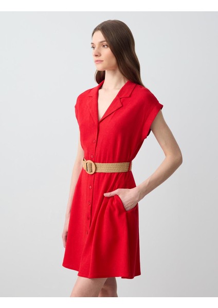 Kırmızı Kısa Kollu Gömlek Yaka Kemer Detaylı Keten Mini Elbise modelleri