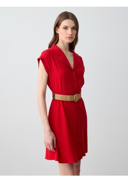 Kırmızı Kısa Kollu Gömlek Yaka Kemer Detaylı Keten Mini Elbise fırsatları