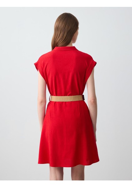 Kırmızı Kısa Kollu Gömlek Yaka Kemer Detaylı Keten Mini Elbise indirimleri