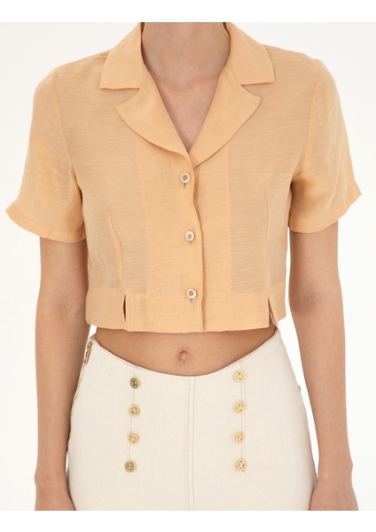 Kadın Bej Keten Karışımlı Slim Fit Crop Gömlek 50284703-VR011