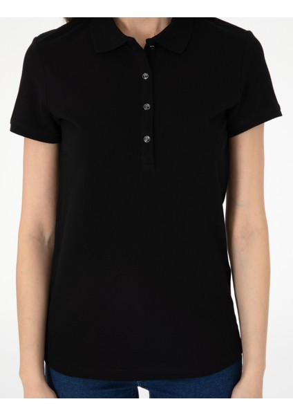 Kadın Siyah Regular Fit Pamuklu Polo Yaka Basic Tişört 50305776-VR046