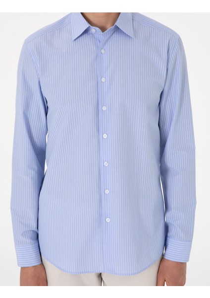 Erkek Açık Mavi Slim Fit Çizgili Uzun Kollu Gömlek 50310777-VR003