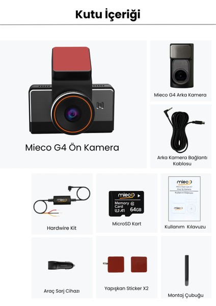 G4 2K QHD / GPS / 4G / Wifi / 140° Geniş Açı / Gece Görüşü / Ön + Arka Kamera / Sim Kartlı Araç Kamerası (2025) + Hafıza Kartı ve Park Kiti Hediyeli