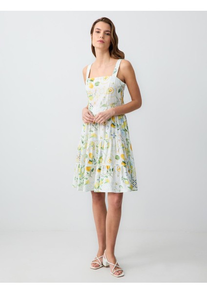 Sarı Düz Kesim Askılı Kare Yaka Desenli Keten Mini Elbise