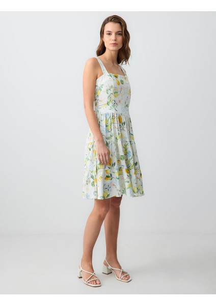 Sarı Düz Kesim Askılı Kare Yaka Desenli Keten Mini Elbise fiyatları