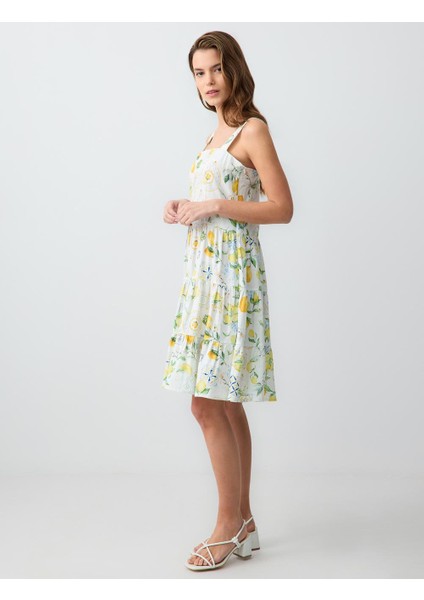 Sarı Düz Kesim Askılı Kare Yaka Desenli Keten Mini Elbise modelleri
