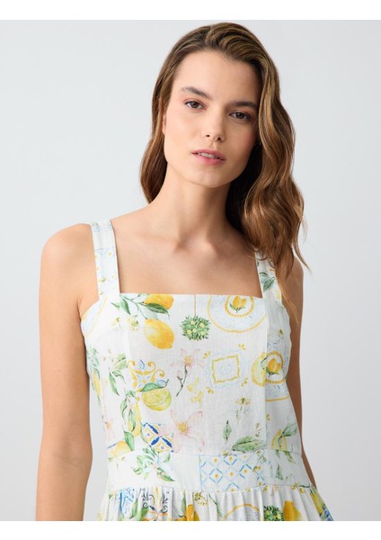 Sarı Düz Kesim Askılı Kare Yaka Desenli Keten Mini Elbise fırsatları