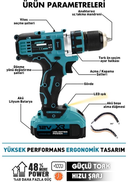 12V Çift Akülü Vidalama Metal Şanzıman Şarjlı Matkap