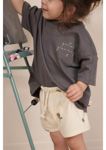 Antrasit Nakışlı Oversize T-Shirt
