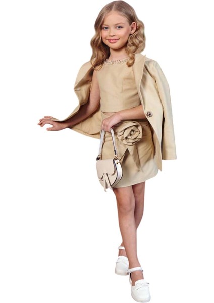 Kız Çocuk Sıfır Kol Inci Işlemeli Crop Asimetrik Kesim Broşlu Keten Bej Etekli Takım indirimleri
