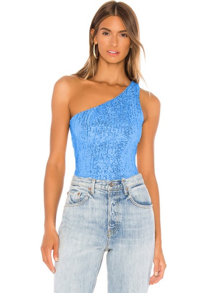 Kadın Mavi Tek Omuz Payet Bodysuit