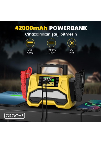 F05 42000MAH 8000A Akü Takviye Cihazı +Lastik Şişirme Kompresörlü Taşınabilir Jump Starter+Pd 30W Hızlı Şarj (Kompresör+Powerbank+Led Lamba+Lcd Ekran)
