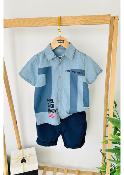 “feel Cool Vibes” Yazılı Erkek Çocuk Kot şortlu takım - Mavi