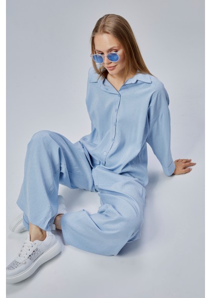 Bebe Mavisi Taş Işlemeli Salaş Kalıp Gömlek