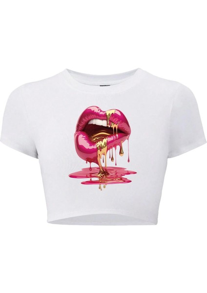 Kadın Casu Lip Dudak Baskılı Crop T-Shirt Beyaz