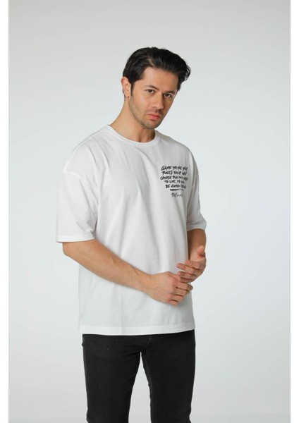 Baskılı Oversize Bisiklet Yaka T-Shirt