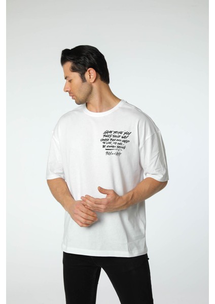 Baskılı Oversize Bisiklet Yaka T-Shirt