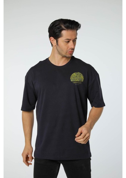 Baskılı Oversize Bisiklet Yaka T-Shirt
