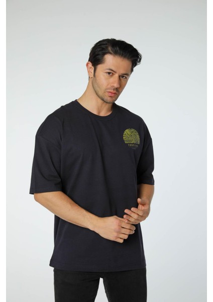 Baskılı Oversize Bisiklet Yaka T-Shirt