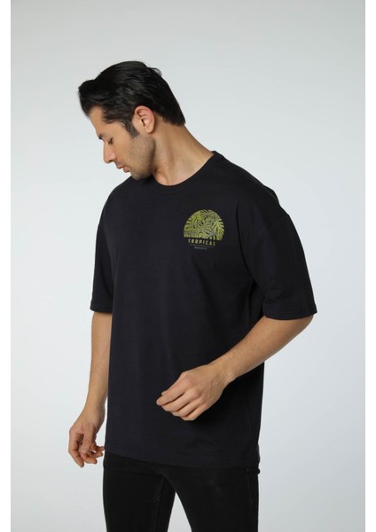 Baskılı Oversize Bisiklet Yaka T-Shirt